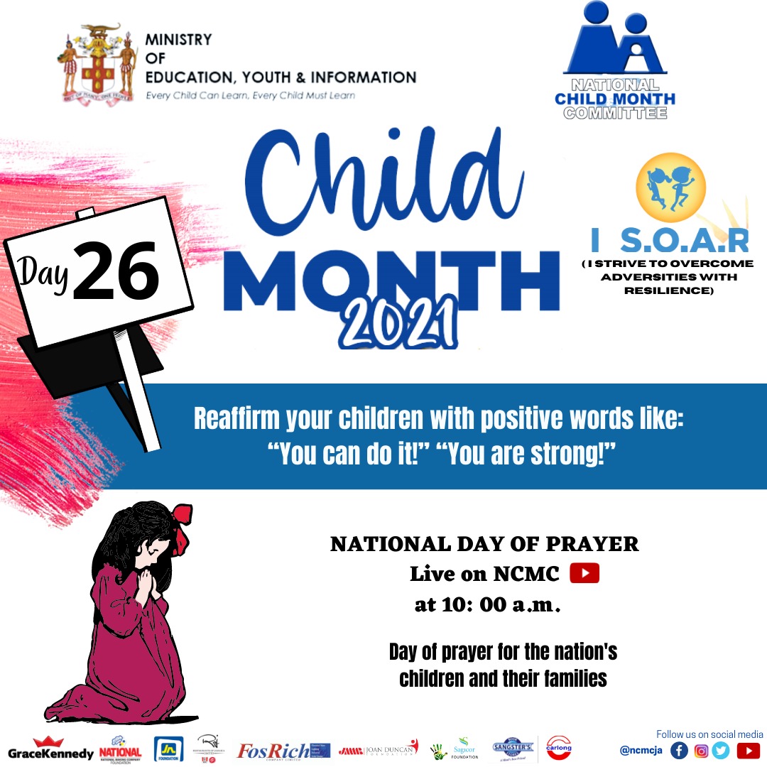 cpfsajm's tweet photo. Day 26! 🎉
What you put into your children is what you’ll get out. If they only hear negative comments about themselves, more and more they begin to display those negative traits.
Be your children's biggest cheerleader. Empower them to child to S.O.A.R.
#ISOAR #childmonthja https://t.co/Y7ZbHIsJ7o
