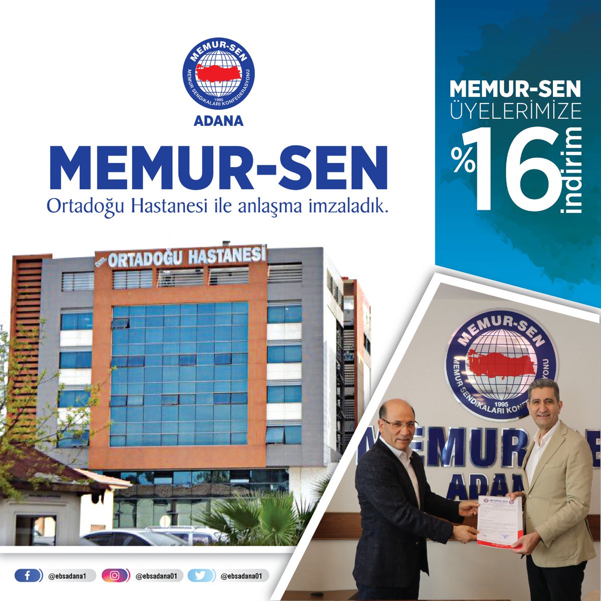 mehmetsezer01's tweet photo. Memur-Sen'liysen her koşulda kazanırsın.
#Adana'mızın önemli sağlık kuruluşlarından olan #ÖzelOrtadoğuHastanesi ile yaptığımız anlaşma sonucu üyelerimiz ve aileleri yüzde 16 indirimle sağlık hizmeti alabilecekler.
Siz de @MemurSenKonf üyesi olun, kazanın.
#Yetkide7Yıl https://t.co/c3DpoSvmvV