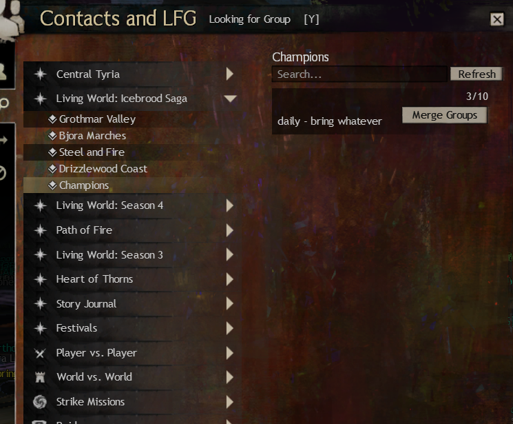 martytowels's tweet photo. LFG Tool is CLUTCH! Use this bad boy to find parties or squads for whatever content you want to do. For open world groups, once you join, you'll want to make sure you are in the same map instance - right click a party or squad member and use "Join in (Map Name)"! #GW2Info https://t.co/mT8JhwUkjr