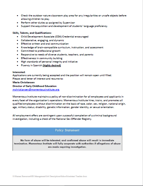 Full-time PK-4 Assistant Teacher position at the Momentous Institute School!

Interested? Please send letter of interest and resume to Maria Christiansen, Director of Early Childhood Education, at mchristiansen@momentousinstitute.org.

<a href="/UNTDallas/">UNT Dallas</a> @UNTDcareers