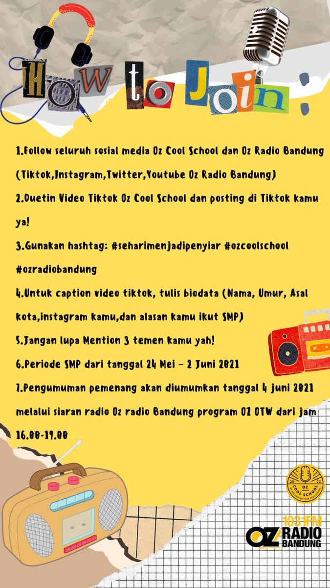 Ozcoolschool_'s tweet photo. Jangan lupa dan jangan ketinggalan kesemptan kalian untuk bisa ngerasain gimana sih rasanya jadi penyiar dlm satu hari,cuman di Oz radio Bandung yang bisa ngajak kalian untuk ikutan siaran secara On Air bareng kita. Informasi lebih lanjut bisa check ig dan tiktok @Ozcoolschool_🥰 https://t.co/g6sPdUH96t