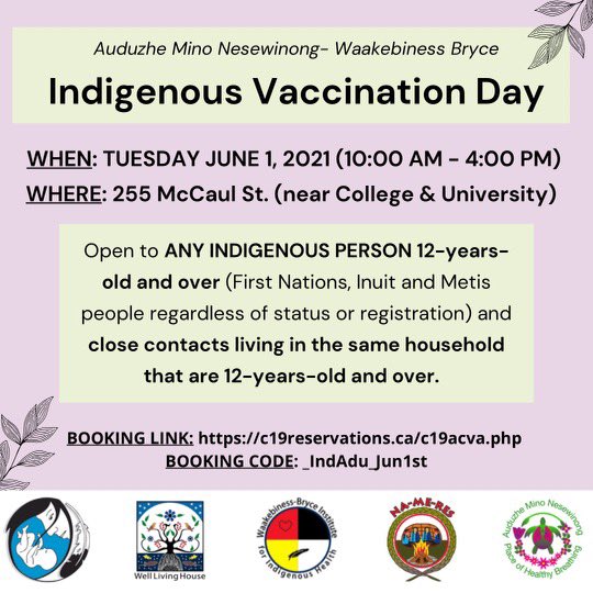 The <a href="/auduzhe/">Auduzhe Mino Nesewinong</a> &amp; WBIIH Indigenous vaccination day is happening on June 1st from 10am-4pm <a href="/UofT/">University of Toronto</a>! This clinic is open to all Indigenous peoples and their close household contacts aged 12 and up. Book your spot today. Details below!