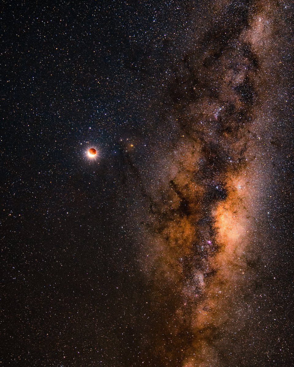 Last nights moon was not only rare because it was a super flower blood moon, but also because of its positioning, right next to the core of the milky way. Here's an image I got of it!