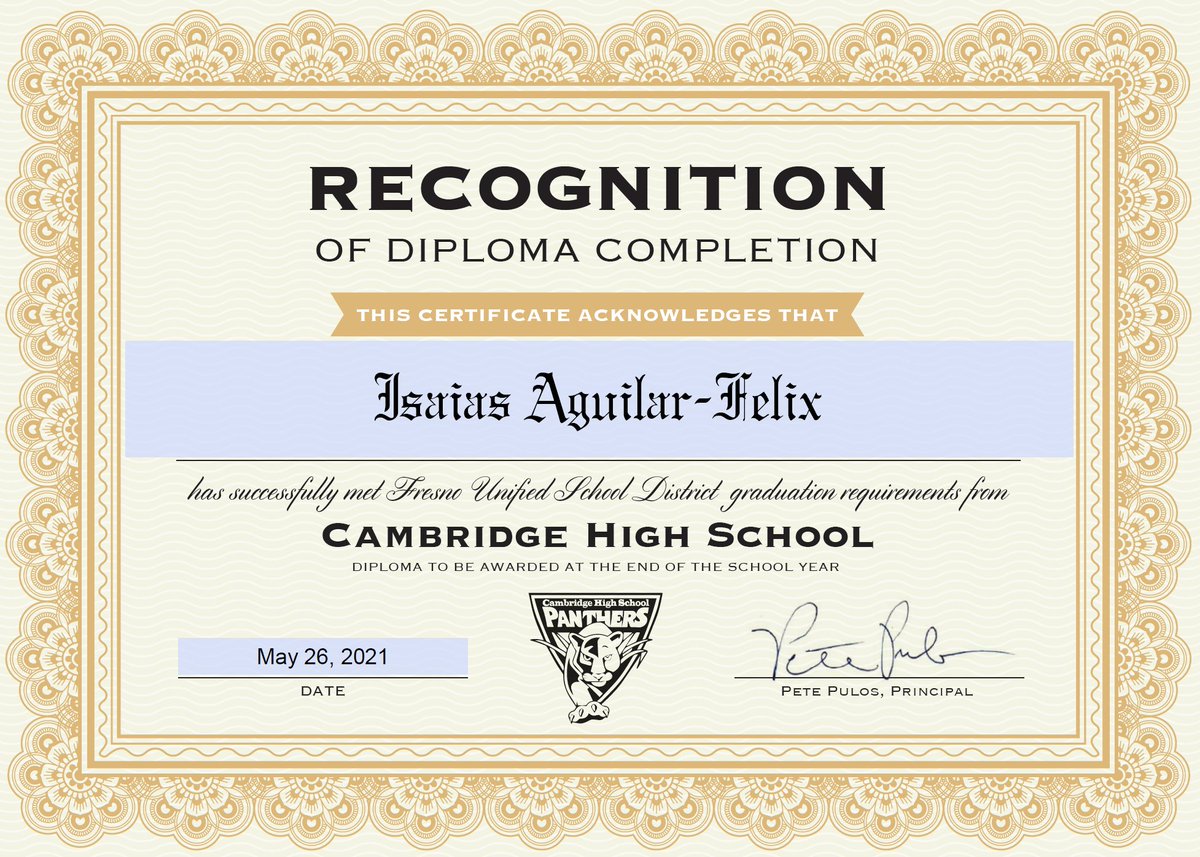 Cambridge High School is proud to announce Isaias Aguilar-Felix as our newest graduate. Way to go Isaias!!! Who's next?? Go Panthers!!! <a href="/fresnounified/">Fresno Unified</a> <a href="/MommaLoew/">Leslie Loewen</a> <a href="/EdgenuityInc/">Edgenuity (now Imagine Learning)</a> <a href="/center_erc/">Educational Resource Center (ERC)</a> <a href="/CCEAeducation/">CCEA Plus</a>