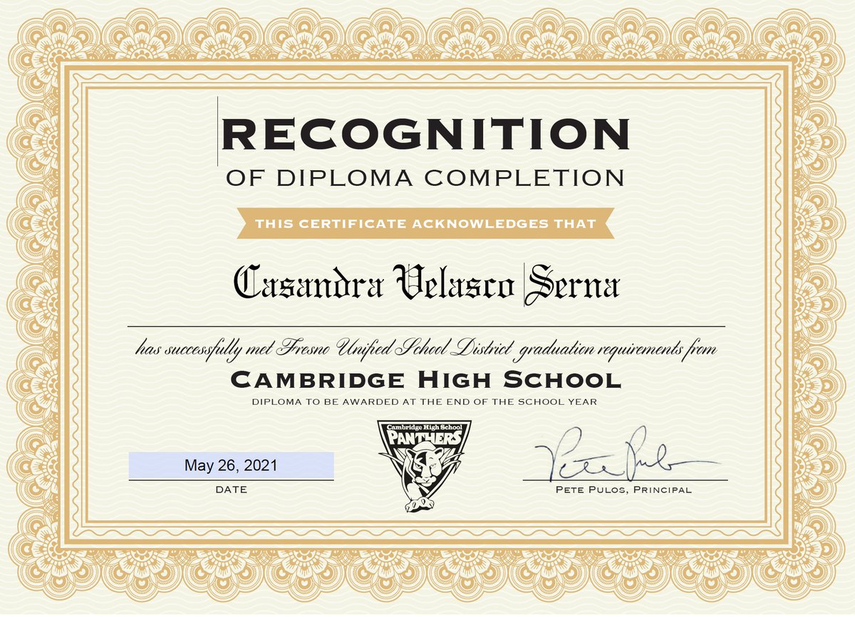 Cambridge High School is proud to announce Casandra Velasco Serna as our newest graduate. Way to go Casandra!!! Who's next??? Go Panthers!!! <a href="/fresnounified/">Fresno Unified</a> <a href="/EdgenuityInc/">Edgenuity (now Imagine Learning)</a> <a href="/MommaLoew/">Leslie Loewen</a> <a href="/CCEAeducation/">CCEA Plus</a> <a href="/center_erc/">Educational Resource Center (ERC)</a>