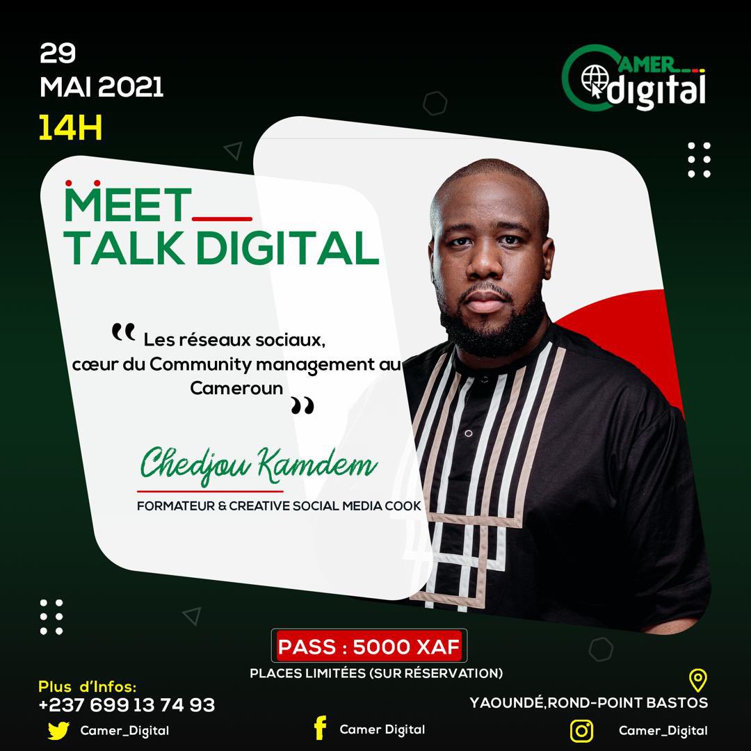 jessicaokala's tweet image. Ne ratez pas le #MeetTalkDigital avec @chedjoukm , qui se déroulera au sein des locaux de #CamerDigital ce dimanche .

Places limitées!