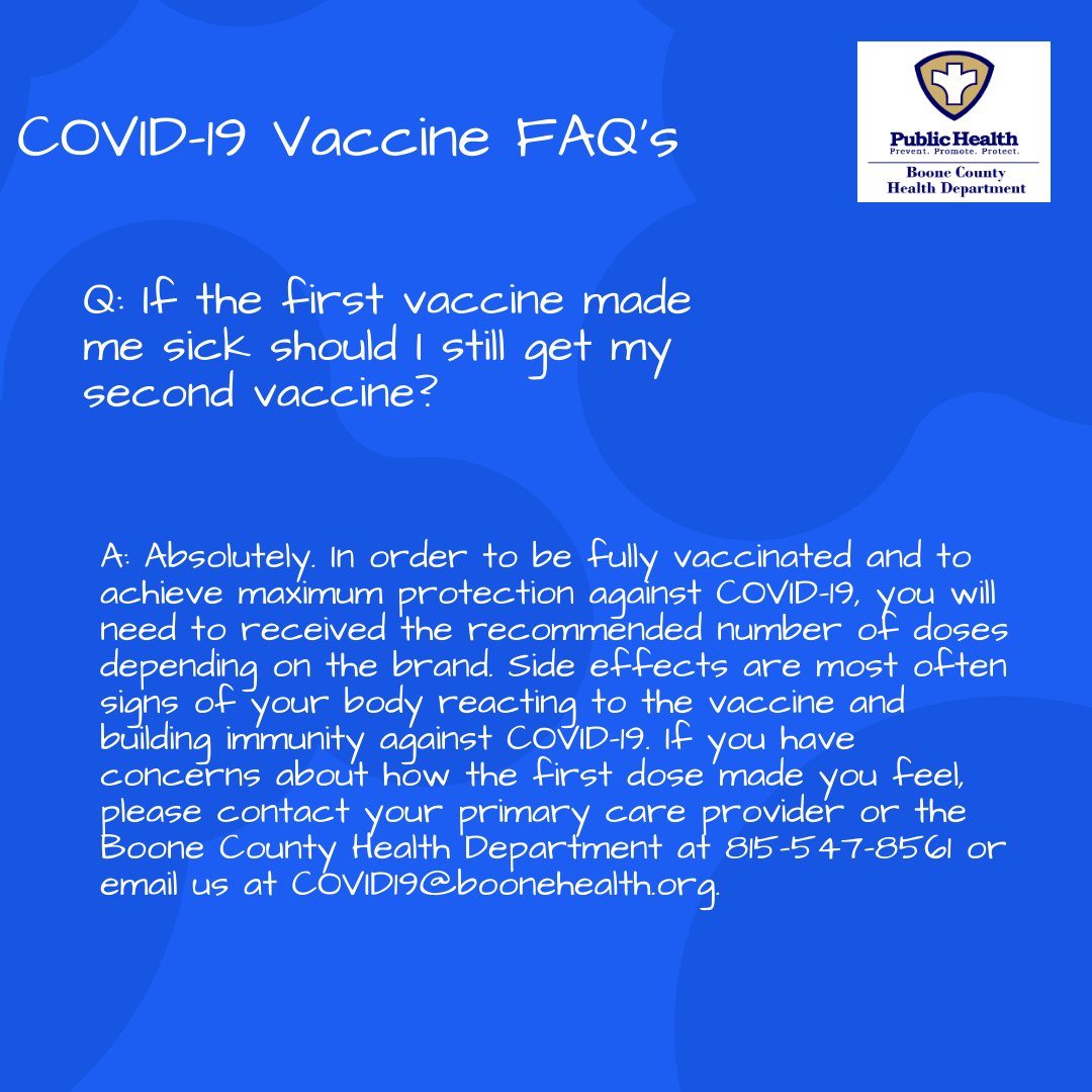 boonecohealth's tweet image. #COVID19 FAQ: If the first vaccine made me sick should I still get my second dose?