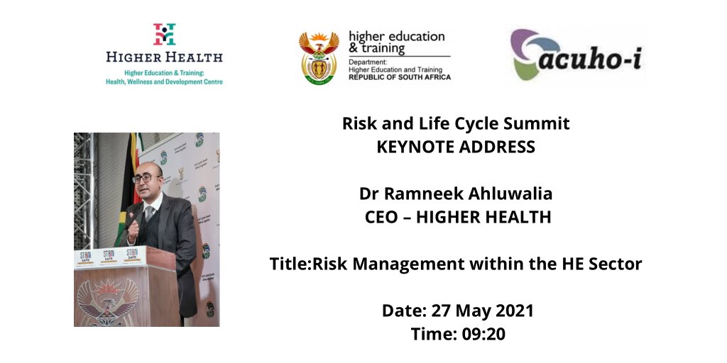 Our CEO <a href="/RamneekHH/">@Ramneek</a> will be flying the <a href="/HigherHealthSA/">Higher Health South Africa</a> flag high tomorrow morning, giving a keynote address at the Risk and Life Cycle Summit. 

<a href="/ACUHOI/">ACUHO-I</a> 

#HigherHealthAtWork