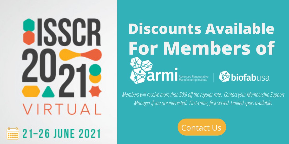 Hey ARMI members, receive more than 50% off the <a href="/ISSCR/">ISSCR</a> Annual Meeting conference rate! Just reach out to your Member Support Manager for discounted passes for the June 21-June 26 event. Deadline is today for the reduced rate! Click here for more info: bit.ly/3wG9e8x