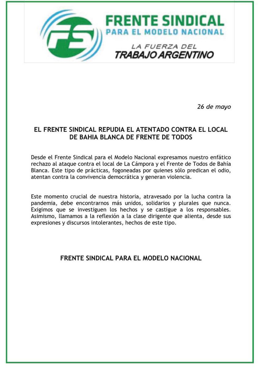 Repudiamos el atentado contra el local del @FrenteDeTodos en #BahiaBlanca
La violencia nunca es el camino 

#FrenteSindical
