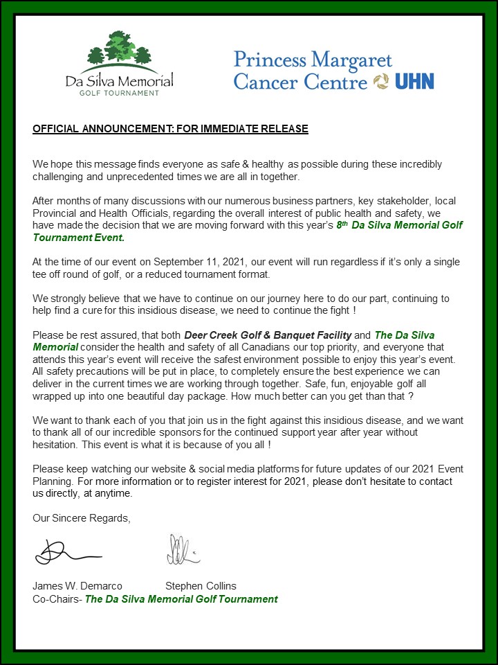 DaSilvaMemGolf's tweet photo. VERY Exciting news today !
We are officially back on Saturday, September 11, 2021.
Our 2021 Event details will be released on all of our social media platforms & website as determined by current Provincial Regulations.
Stay tuned for more info in the coming months !
#DASMGT
#PMCF https://t.co/4NDEcA5moS
