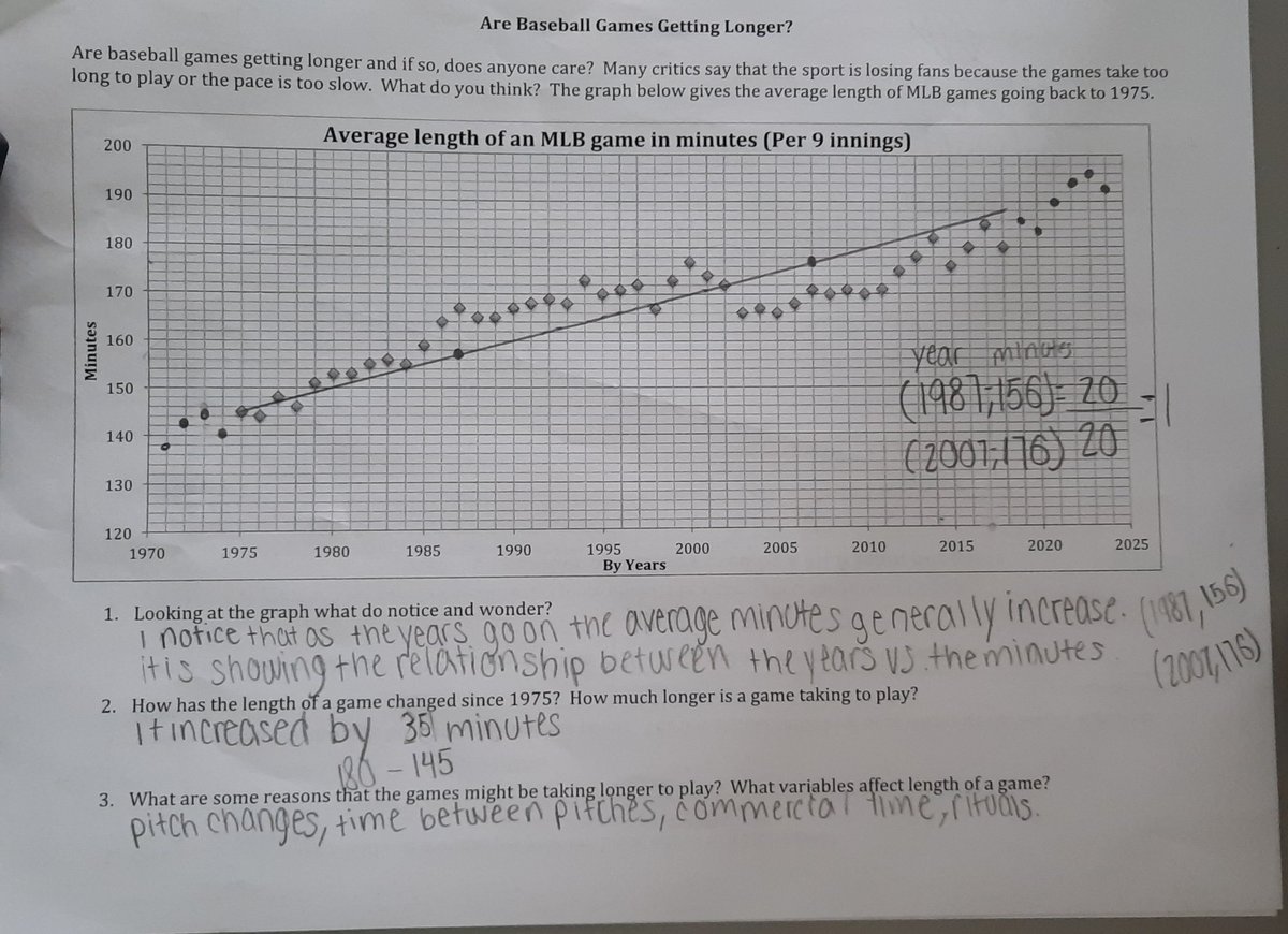 jmtishler's tweet photo. Relating the length of MLB games over time to our current chapter on scatterplots- great lesson from @Yummymath and nice engagement from @BayshoreMiddle 8th graders! @MrPotter133 #MTPSpride https://t.co/uMDb698LyR