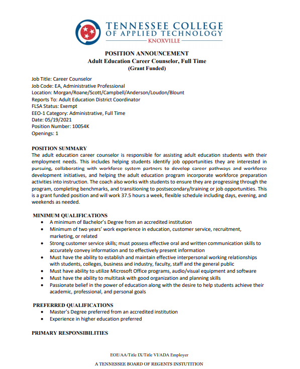 TCATOneida's tweet image. JOB OPPORTUNITY: TCAT Knoxville is looking for an Adult Education Career Counselor for our Scott County! If you are interested in this position, please click on link below and apply today! All applications must be submitted by June 10th. tbr.csod.com/ux/ats/careers…