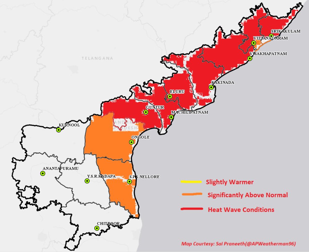 Rajani_Weather's tweet photo. #HeatOutlook #AndhraPradesh Upto 29-May
Srikakulam to Guntur can experience intense heatwave conditions next 3 days due to hot & dry winds from NW.
Hot weather in #Vizag can continue tomorrow and reduce thereafter. https://t.co/AlILgEnmBW