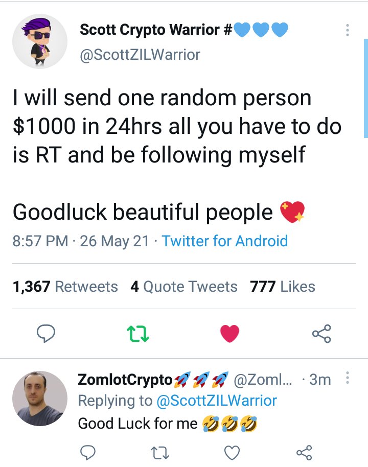 If I win the $1000  🚀🚀🚀 Giveaway I’ll give 1 people who retweet this and follow me $100 
🤞🤞🤞🤞🤞🤞🤞🤞