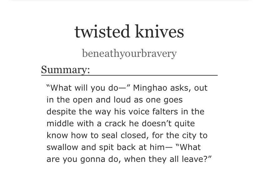 twisted knives

    🌙 mingyu/minghao — #gyuhao
    🌉 5.5k, G
    🍂 one direction - love you goodbye
    🌪 established relationship, angst,
          future fic, hurt/comfort

archiveofourown.org/works/30777485

for <a href="/svtjukebox/">[17's] jukebox</a>’s round 4: the mixtape edition 🎼🎧🎶