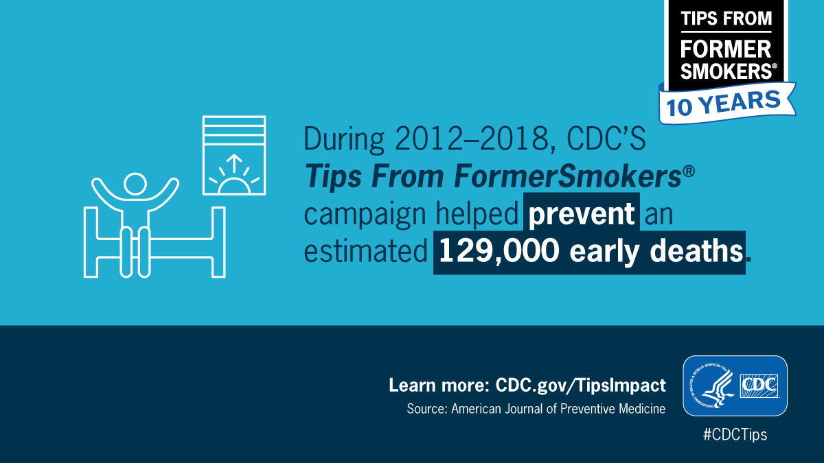 CDCTobaccoFree's tweet photo. #DYK The #CDCTips campaign has helped prevent an estimated 129,000 early deaths. Learn more: https://t.co/5TZ04A67AG #StatOfTheDay https://t.co/ULbpeiSJFk