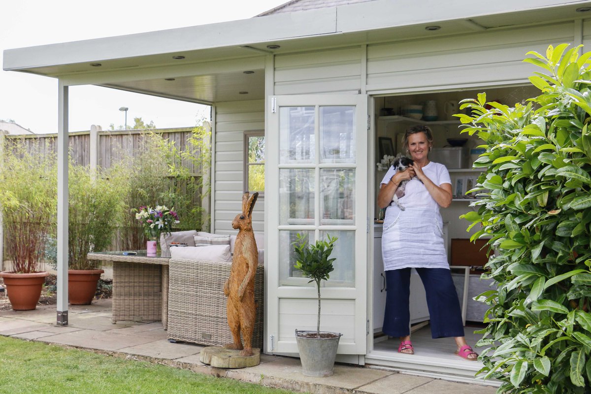 MalvernBuilding's tweet photo. This is Sal 👋 Sal is a painter and uses her Garden Studio as space away from the buzz of the house to create her ethereal artworks 🖼️ A sign in the window reads 'Kids, keep out... I'm painting your inheritance!' 🎨 #painter #paintstudio #gardenstudio https://t.co/u0DebHfZgD