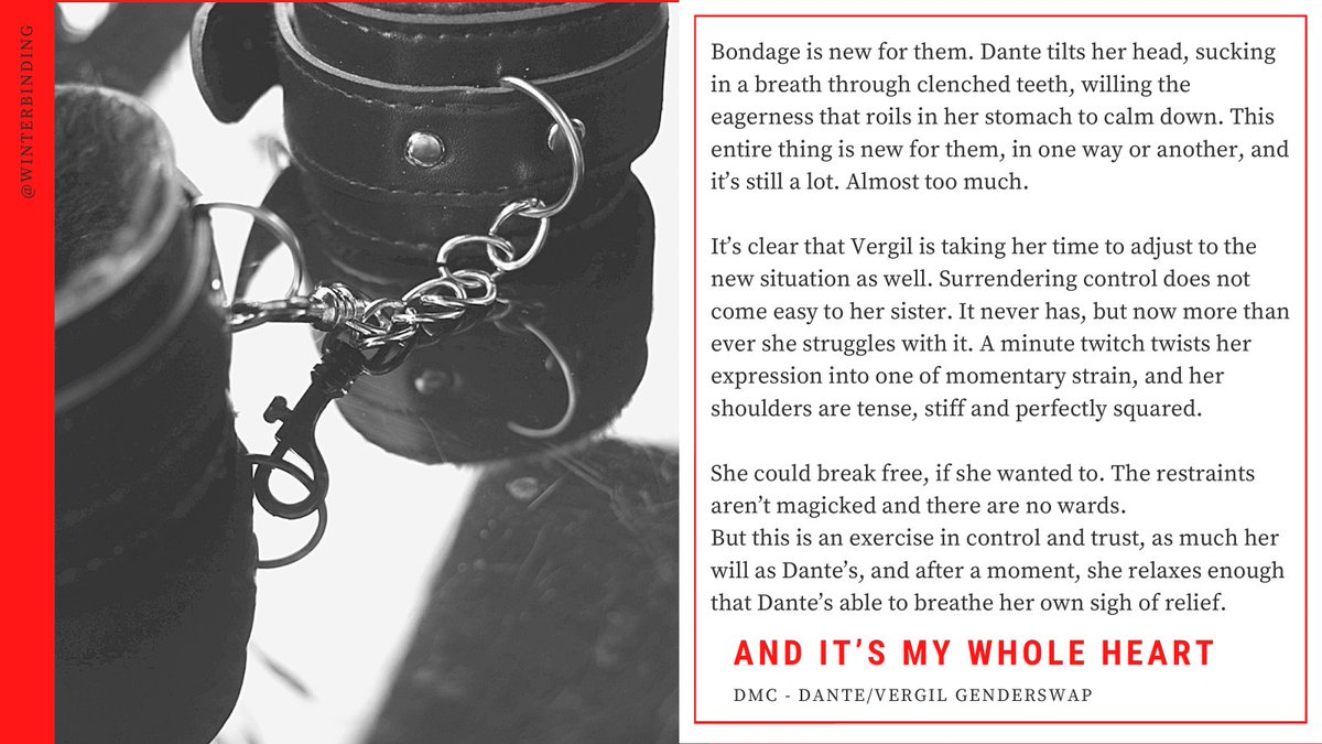 winterboundfic's tweet photo. [#dmc] and it's my whole heart
🔞 Rated E | #danver | 2,558 words | Dante/Vergil

Tags: Genderswap, Bondage, Sex Toys, Twincest

This fic was a commission request from an anon! <3 Thank you so much for the request.

https://t.co/CtfAzln9r8 https://t.co/cL8S4bxfcb