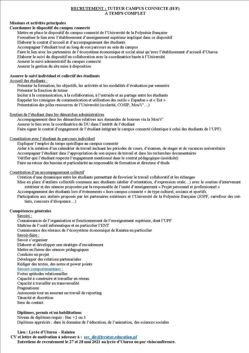 Deux offres d'emploi dans le cadre du #campusconnecté  qui va s'ouvrir en Aout au Lycée des iles sous le vent à #Raiatea
Je précise aussi qu'on aura le plaisir de travailler ensemble sur ce projet :-)