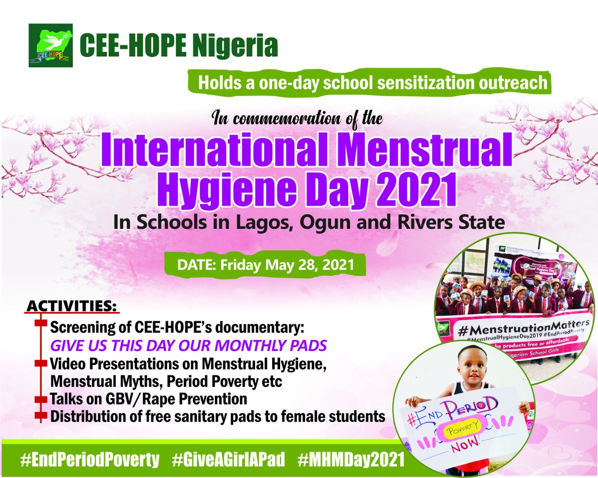 So, #MenstrualHygieneDay2021 is around the corner!

Watch out for our multicity school activities on the Day-#May28- aross #Lagos, #Ogun and #Rivers States.

#MHMDay2021
#DignityPeriod
#GiveAGirlAPad
#EndPeriodTaboo
#MenstruationMatters 
#EndPeriodPovertyNOW
#SanitaryWithoutShame