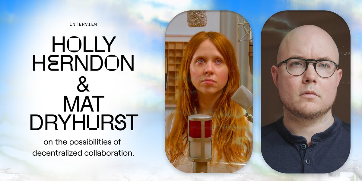 foundation's tweet photo. ☁️ 𝓘𝓷𝓽𝓮𝓻𝓿𝓲𝓮𝔀 ☁️
@hollyherndon &amp; @matdryhurst 

The pioneering artists spoke with @Lindsay_Howard about how they are staying true to their creative principles while pushing the evolving boundaries of AI, DAOs, and other decentralized tech.  

☁️ → https://t.co/j3Jm7bwN4f https://t.co/3N7pqOs2yA
