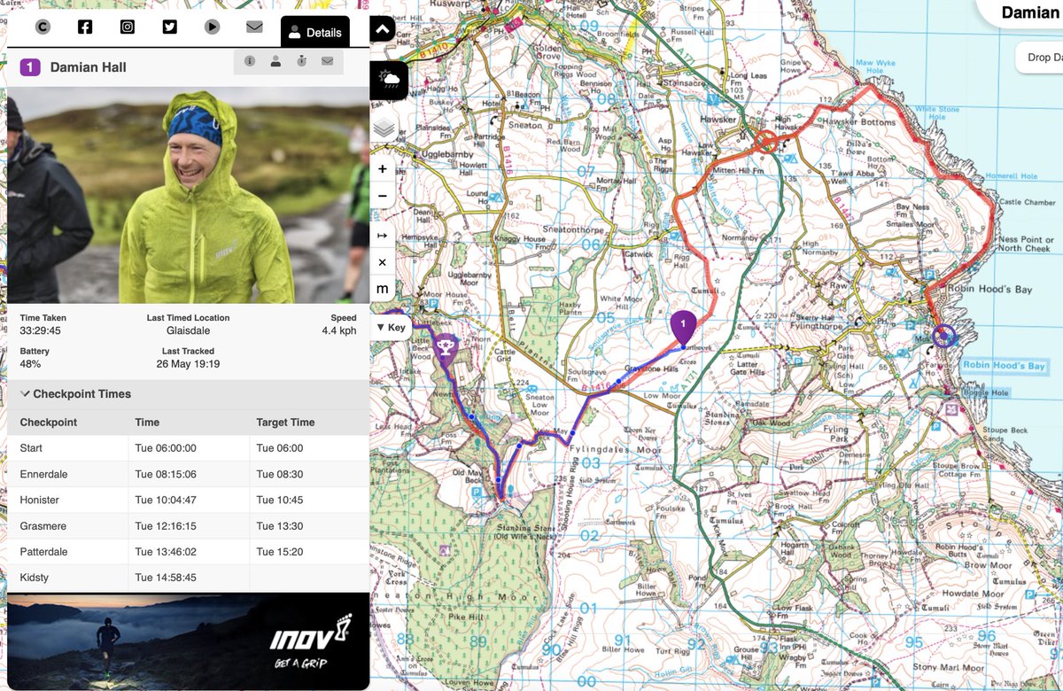 .@Ultra_Damo is closing in on a potential new record time for the 185-mile Wainwright’s Coast to Coast!

Live map 👉 live.opentracking.co.uk/dhc2c21/

Photos (from today): Leo Francis, @DrLygo <a href="/opentracking/">Open Tracking</a> #inov8 #GetAGrip #DamoC2C