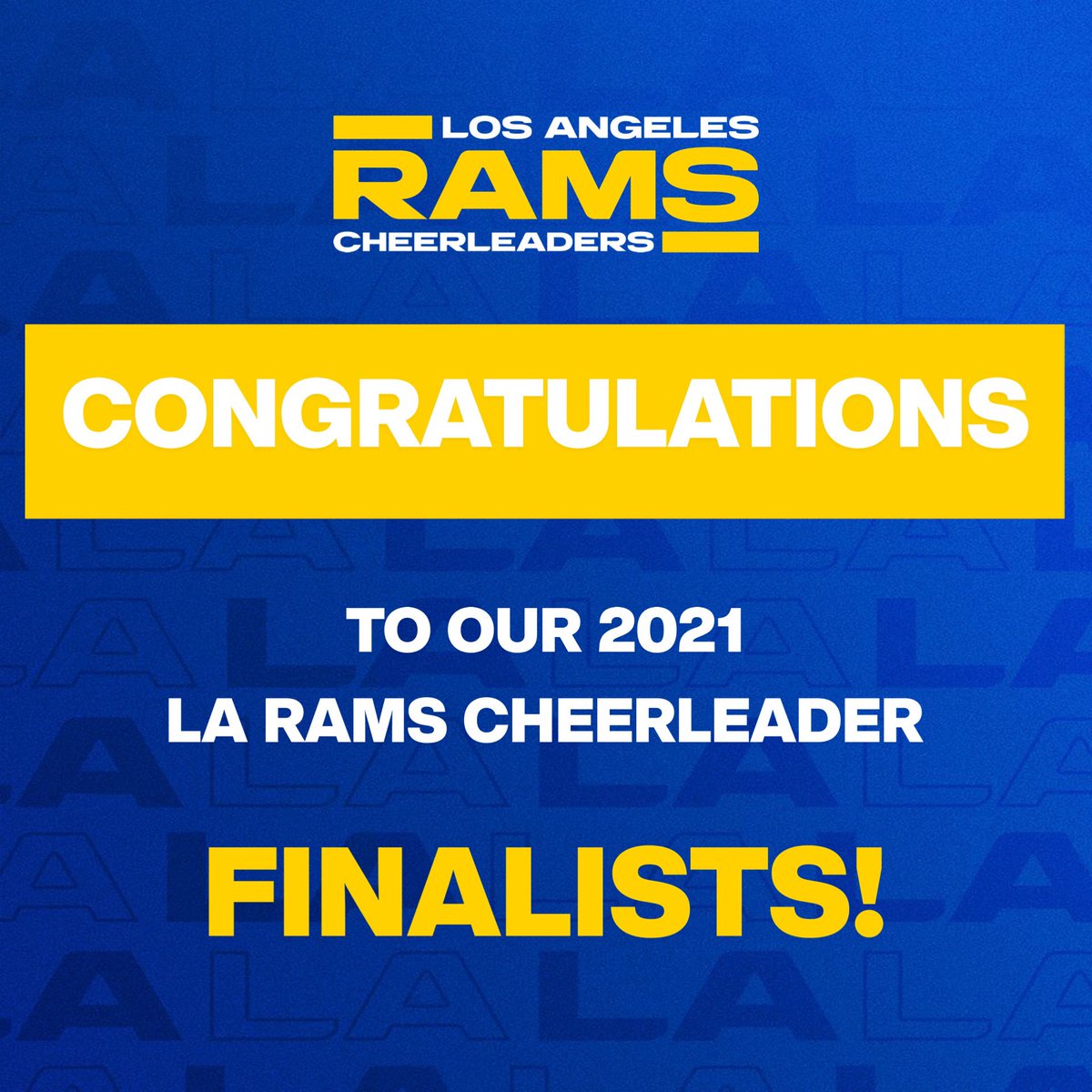 LARamsCheer's tweet photo. CONGRATULATIONS to our 2021 LA Rams Cheerleader FINALISTS! 🥳 We can’t wait to meet you all in person! 🤩 

Click the link to see who’s one step closer to joining the Ramily! 💙💛

https://t.co/JifDou5Vo9

#LARamsCheer #LARamsCheerAuditions https://t.co/Uxyx956Tzl