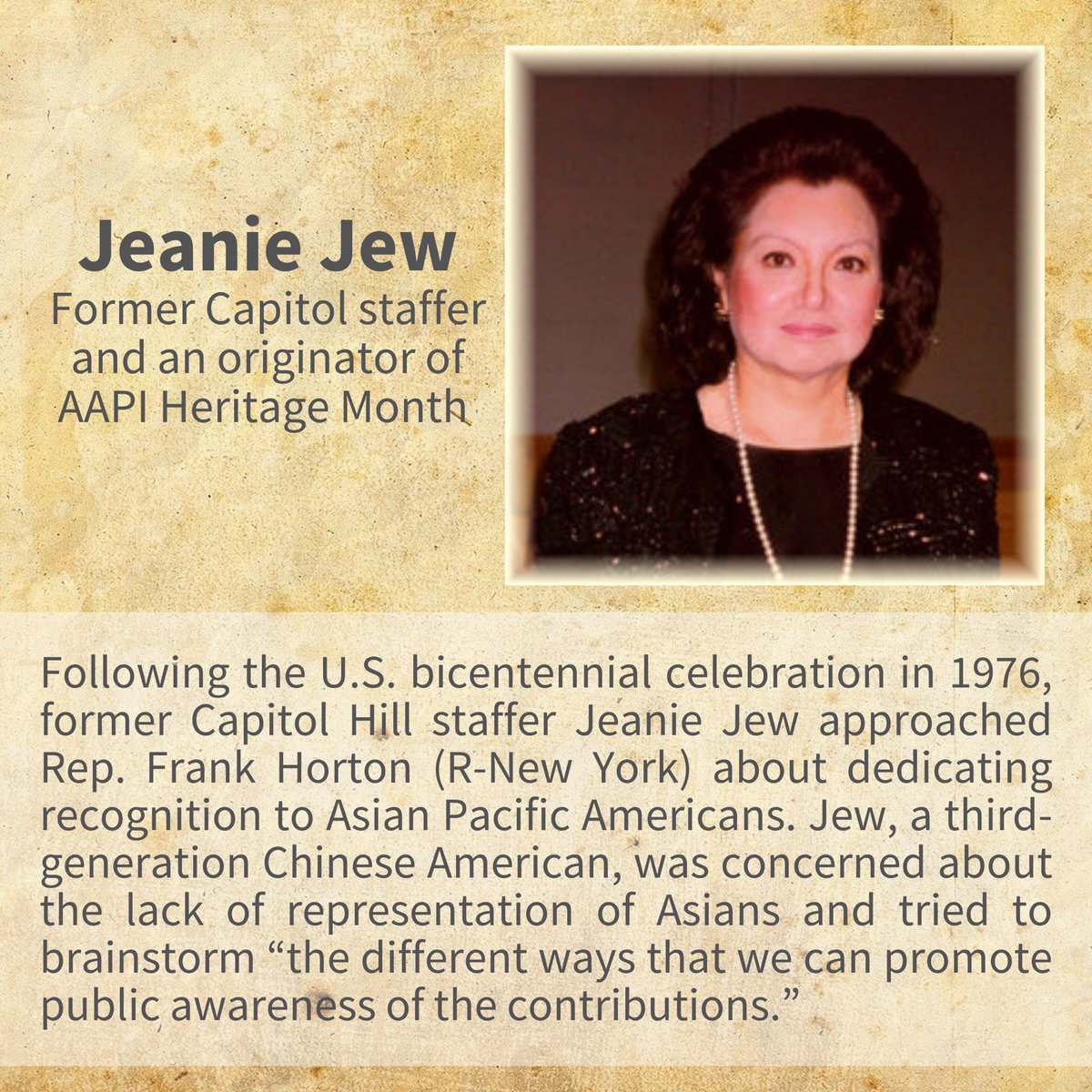 AsianWeekDB's tweet image. Jeanie Jew is a former Capitol Hill staffer and board member of the OCA-Asian Pacific American Advocates. She is recognized for sparking the idea for a nationwide campaign to call for recognition of the contributions and work of Asian Americans and Pacific Islander Americans.