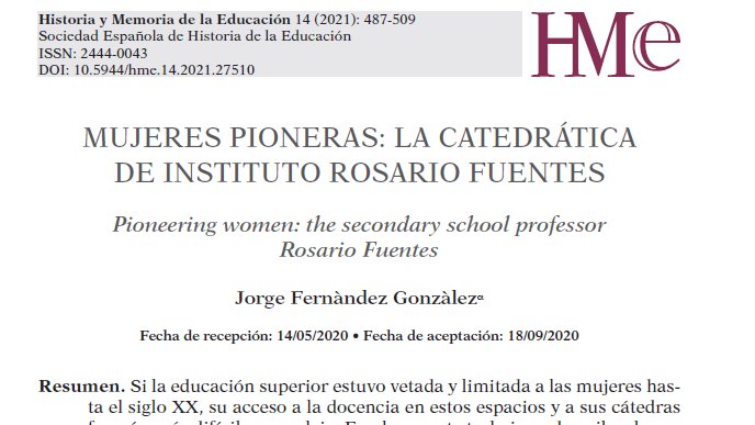 fupero1's tweet photo. La revista Historia y Memoria de la Educación, en su número 14, publica el artículo «Mujeres pioneras: la catedrática de instituto Rosario Fuentes». Está disponible en el siguiente enlace:
https://t.co/W5HslMWDBy https://t.co/2XTTmploW8