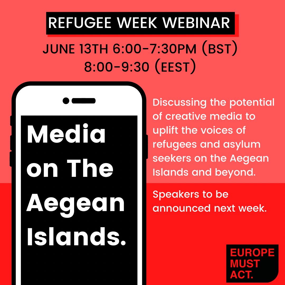 Join us on the 13/06 for our webinar on "Discussing the potential of creative media to uplift the voices of refugees and asylum seekers on the Aegean Islands and beyond." 
See Facebook event here: fb.me/e/10I3iQPiZ

#RefugeeWeek #RefugeeVoices #EuropeMustAct