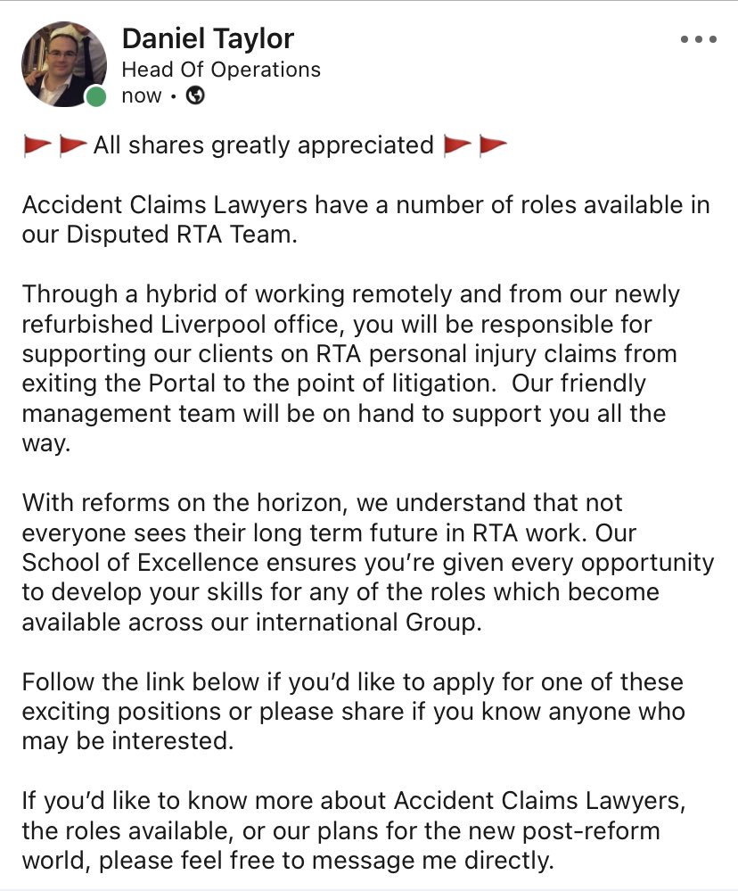 DKTSolicitor's tweet photo. Roles in our Disputed RTA Team available for anyone interested in working remotely and looking for opportunities beyond reforms. 

Grateful as ever for any shares to reach the right people. 

https://t.co/7a8s7zpht9 https://t.co/mQ3Z4dUgEH
