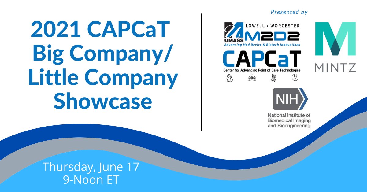 UMassM2D2's tweet photo. Join us virtually (from anywhere!) June 17 as these @CAPCaTUMass awardees demo their #PointOfCare innovations: #CardioSounds #CaseWesternUniversity #CognitaLabs #DaxorCorporation #EmeraldInnovations #GEResearch #LeukoLabs #NYU #USC #CAPCaT #MedicalDevice
https://t.co/MmES3ORw7M https://t.co/sPwEy6G224