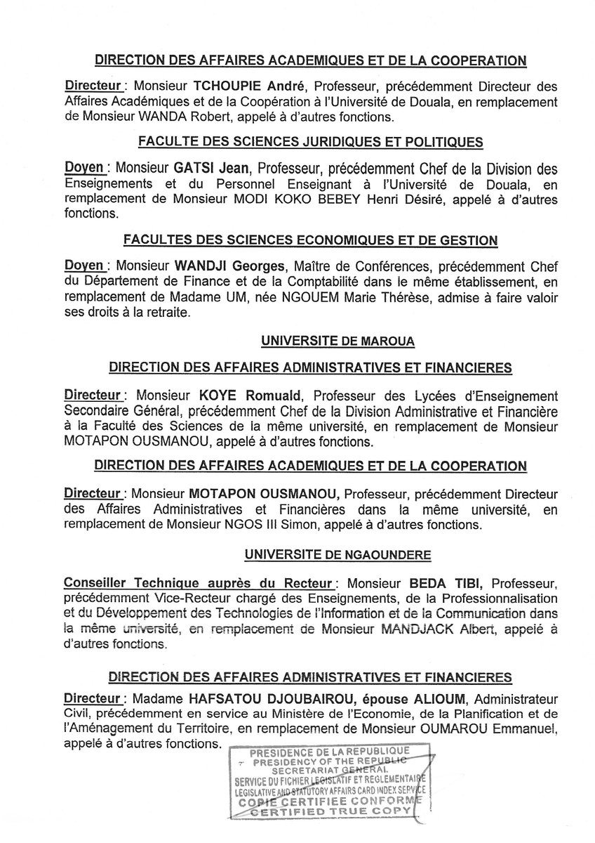 PR_Paul_BIYA's tweet photo. Décret portant nomination de Directeurs, de Doyens et de Conseillers Techniques dans les Universités de Douala, Dschang, Maroua, Ngaoundéré, Yaoundé I et Yaoundé II.
#PaulBiya
#Cameroun https://t.co/e9bvlLXXgS