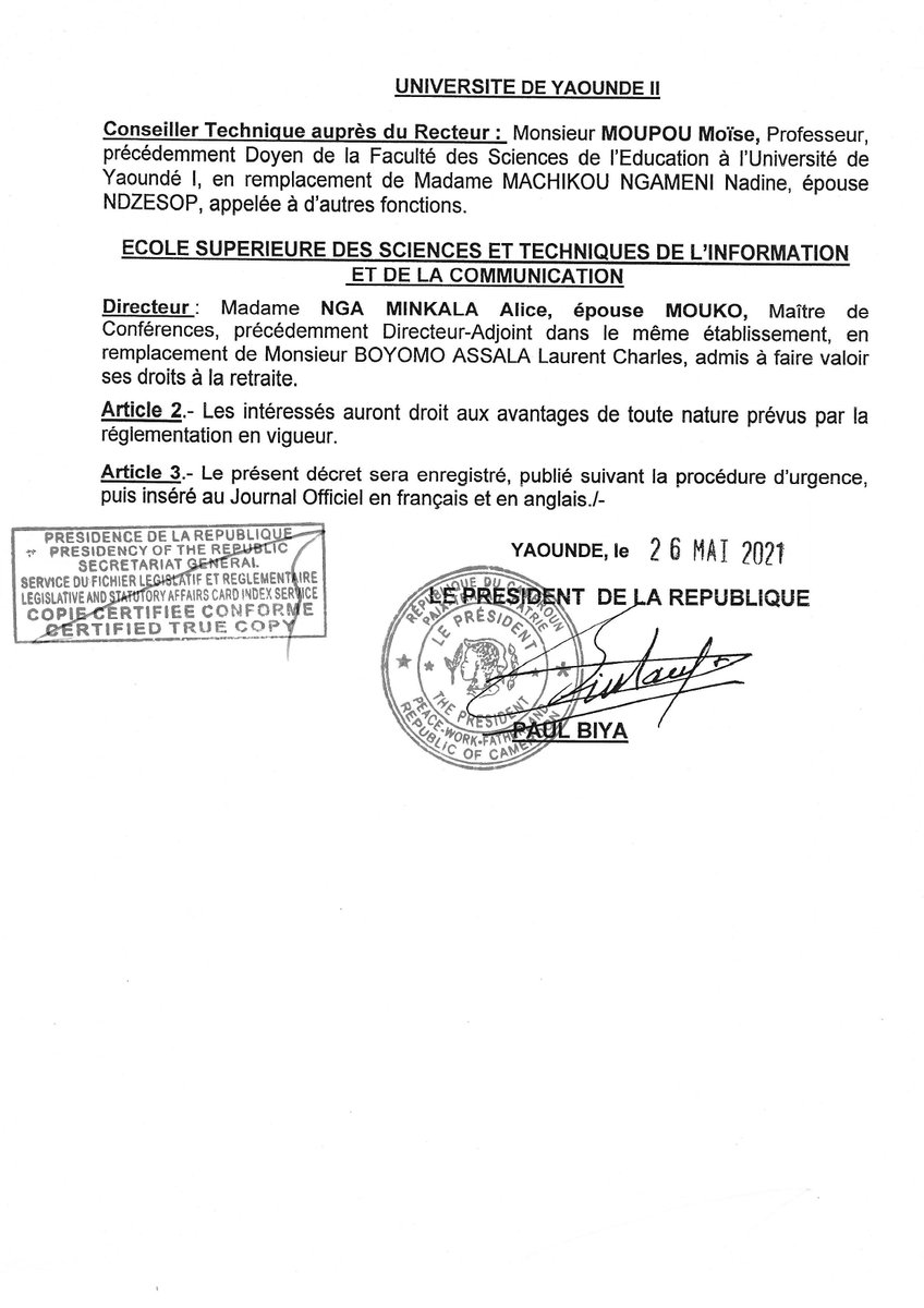PR_Paul_BIYA's tweet photo. Décret portant nomination de Directeurs, de Doyens et de Conseillers Techniques dans les Universités de Douala, Dschang, Maroua, Ngaoundéré, Yaoundé I et Yaoundé II.
#PaulBiya
#Cameroun https://t.co/e9bvlLXXgS