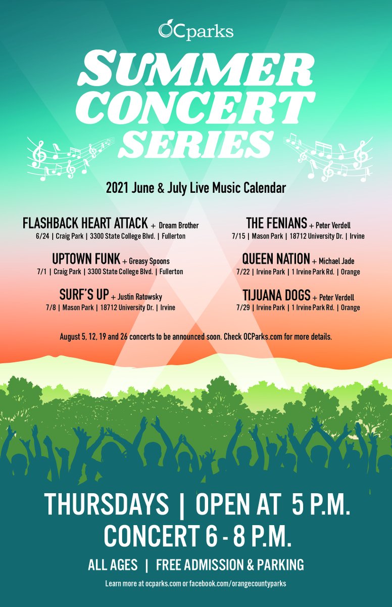 OCParks's tweet photo. JUST ANNOUNCED! 🎸OC Parks Summer Concert Series returns with 10 free concerts across OC Parks each Thursday from June 24-August 26.

Check out the June + July 2021 concert lineup and save the dates for performances you won't want to miss! August concert details coming soon. https://t.co/6JGHhnoM4C
