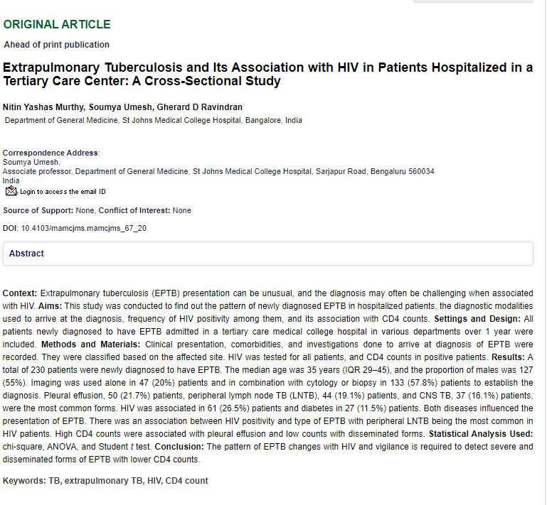 drnitinyashas's tweet photo. It may have taken some time but the continuation of MD thesis work and its publication is a moment to cherish. #tuberculosis is not a problem to be forgotten particularly #extrapulmonary TB. 230 patients over 1 year. #MedTwitter #MedStudents https://t.co/lgtghdg0OS https://t.co/85YTPmUtp6
