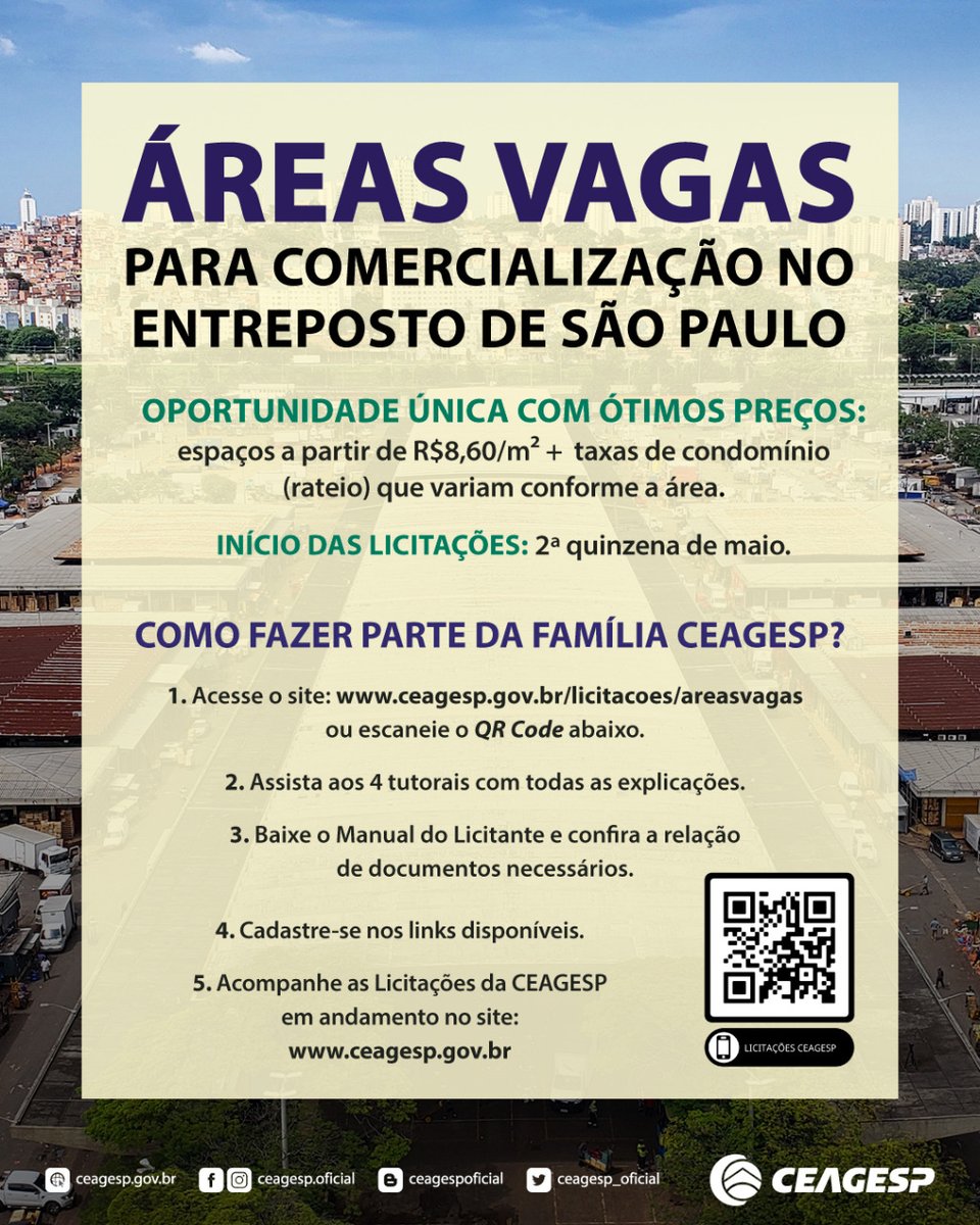CEAGESP abre licitação de áreas vagas no Entreposto da Capital:

ceagesp.gov.br/comunicacao/no…