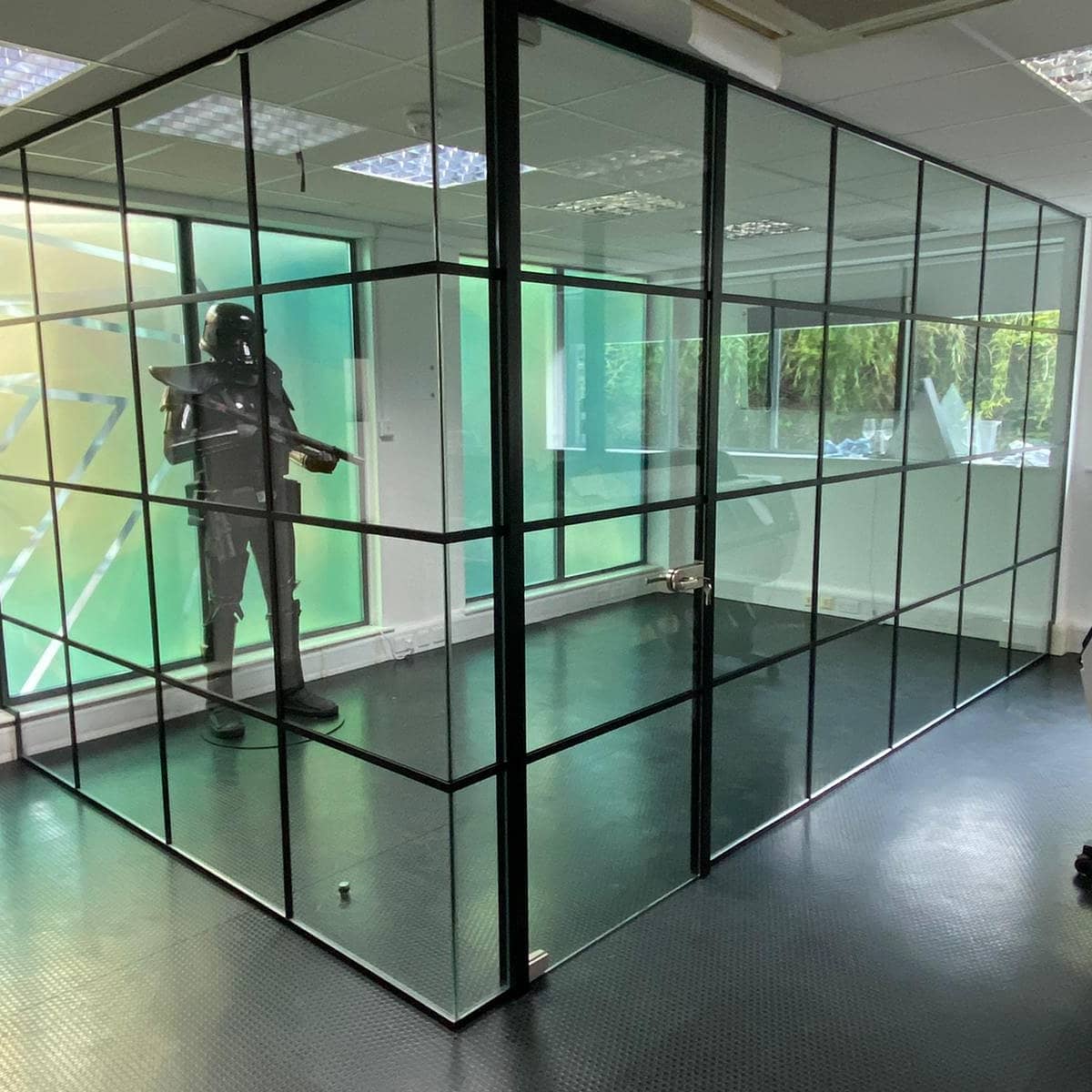 PremfixLondon's tweet photo. Crittal banding glass office installed to Walthamstow warehouse project. Star wars character not included 🚀
#glassmeetingroom #glasspartitions #glasspartitionsystems #glasspartitionslondon https://t.co/8BtTr8RJZz