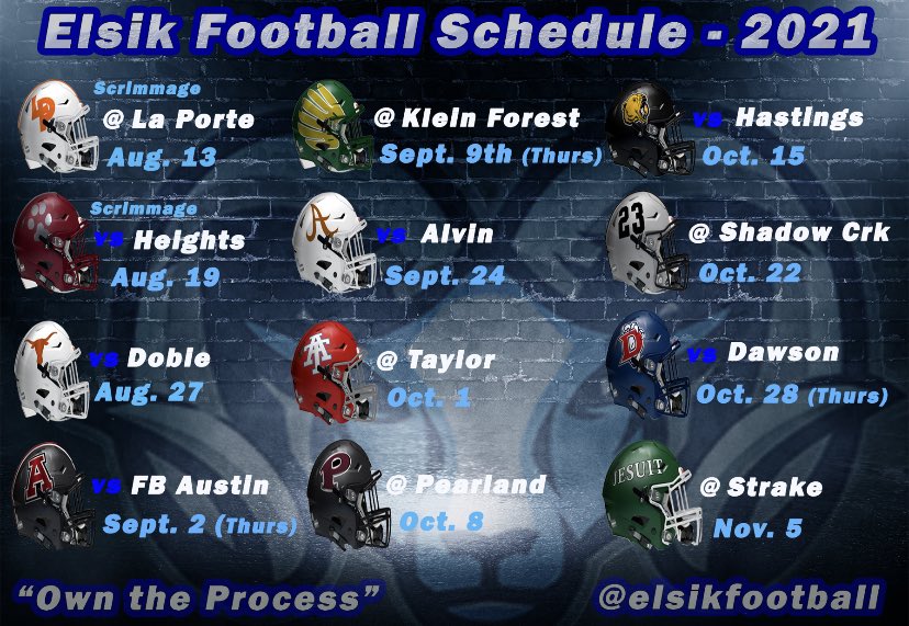 Elsik Football Schedule -2021
@elsikfootball <a href="/ElsikSportsMed/">Alief Elsik AT</a> <a href="/ElsikHighSchool/">Elsik High School</a> <a href="/CheerElsik/">Elsik Cheer 📣</a> <a href="/ElsikNGCRams/">Elsik Ninth Grade Center</a> <a href="/Elsikcounselors/">Elsik High School Counselors</a> <a href="/ElsikMRB/">ElsikMightyRamBand</a> <a href="/Alief_Athletics/">Alief ISD Athletics</a> <a href="/AliefISD/">Alief ISD</a>