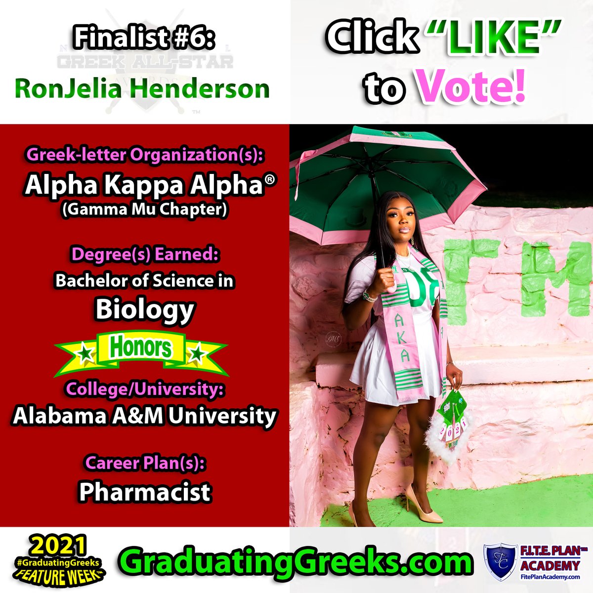 GreekAwards's tweet photo. .CLICK “LIKE” TO VOTE FOR OUR NEXT CONTESTANT:

2021 National @GreekAwards #GraduatingGreeks Feature Week™ Photo Contest FINALIST #6: RonJelia Henderson (@ronjelia_), Gamma Mu Chapter #AKA. #GreekLife.

Sponsored by: @TimCarthon’s #FITEPlan Academy - https://t.co/DkX9xU4rUP https://t.co/uSyIj2kDes