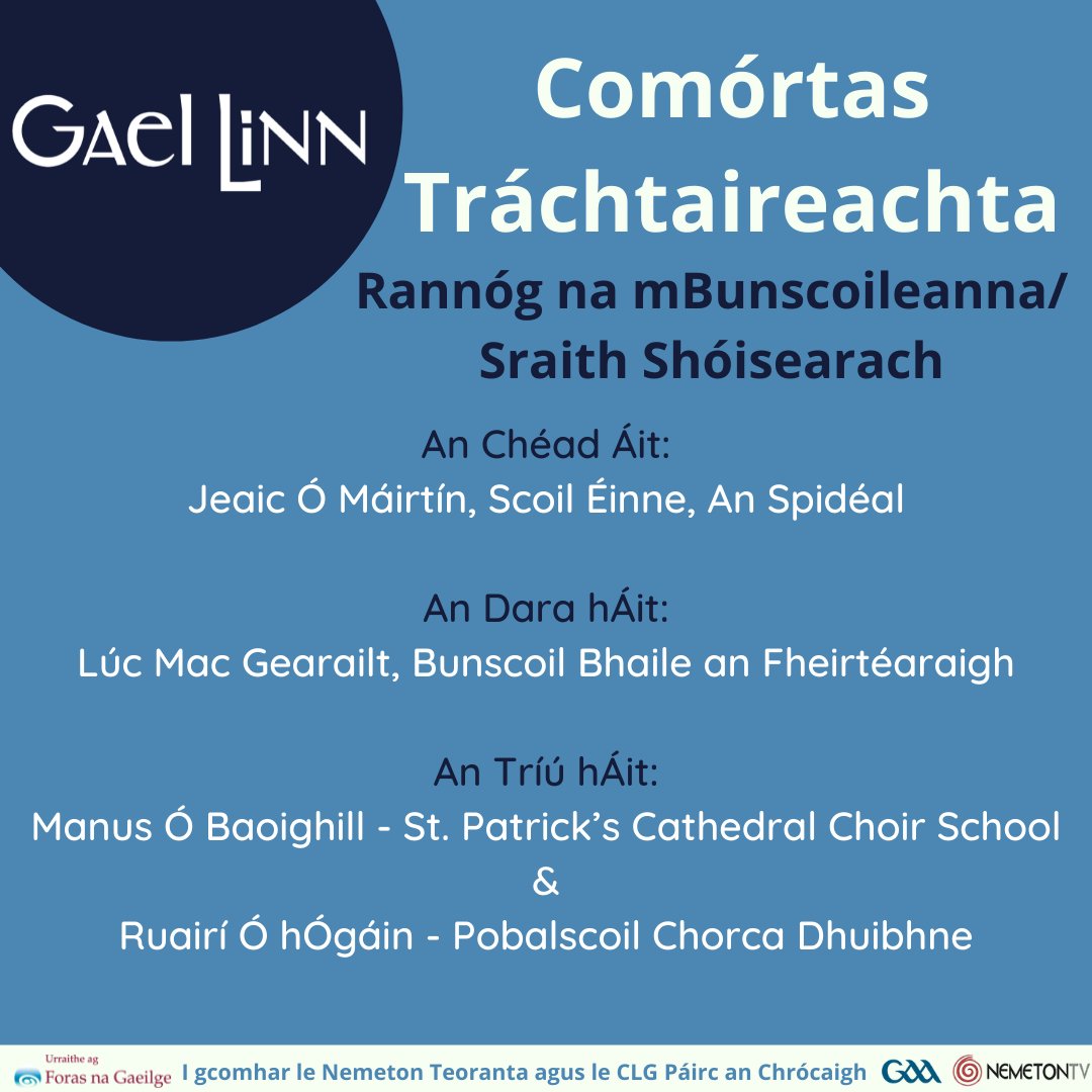 GaelLinn's tweet photo. Buaiteoirí 2021🏆🥇

Comórtas Tráchtaireachta Gael Linn
(I gcomhar le Nemeton Teoranta agus le CLG Páirc an Chrócaigh)

Comhghairdeachas &amp; maith sibh uilig! 👏

#Gaeilge #GaelLinn https://t.co/KtmTl2N0vc