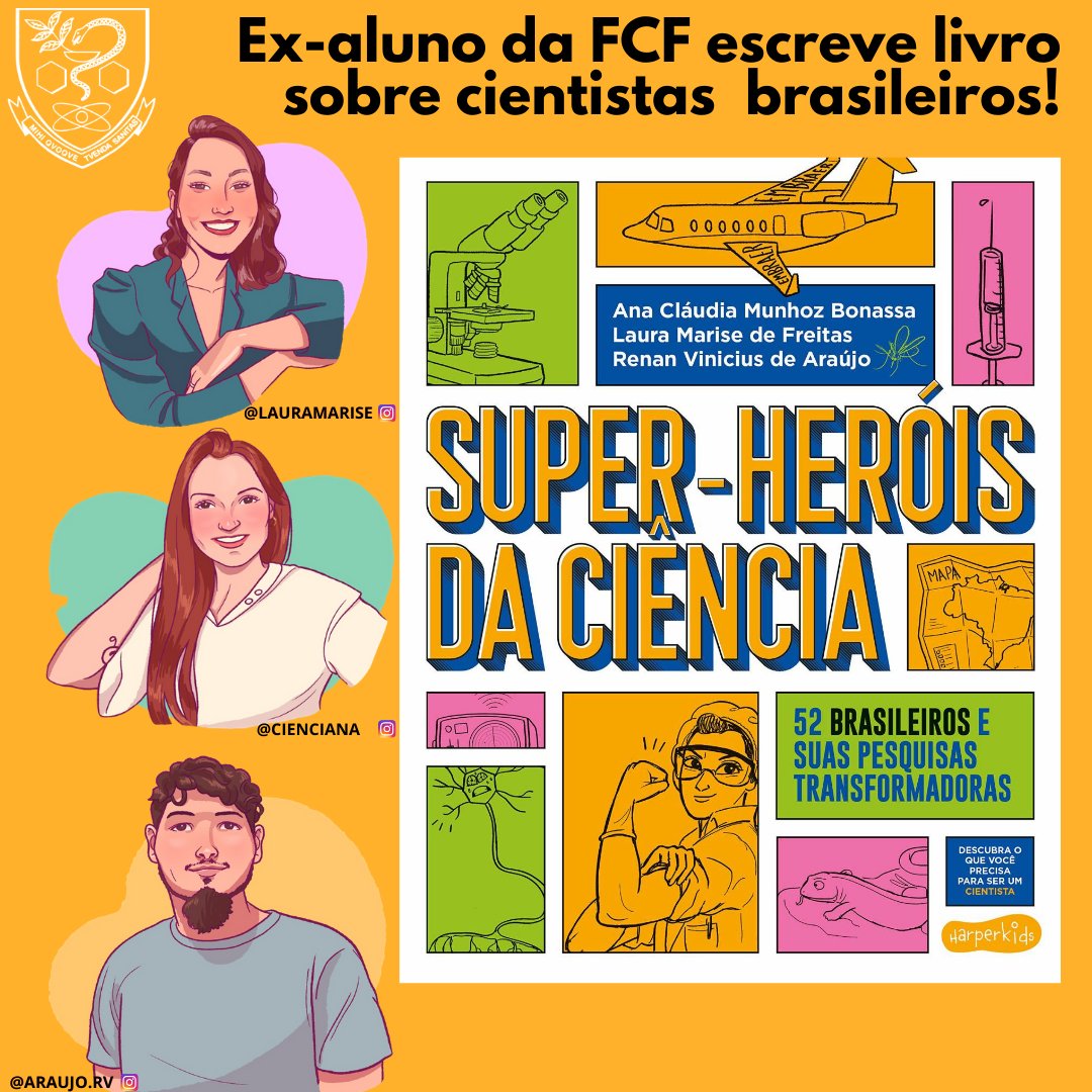 FCFUSP's tweet photo. Renan Araújo @Araujo_Renan, ex-aluno da @FCFUSP, lança livro ilustrado contando a trajetória de 52 super-heróis da #ciência nacional!
#fcf #fcfusp #ciência #divulgaçãocientífica #ciêncianacional #nuncavi1cientista https://t.co/fhXrnrqOhe