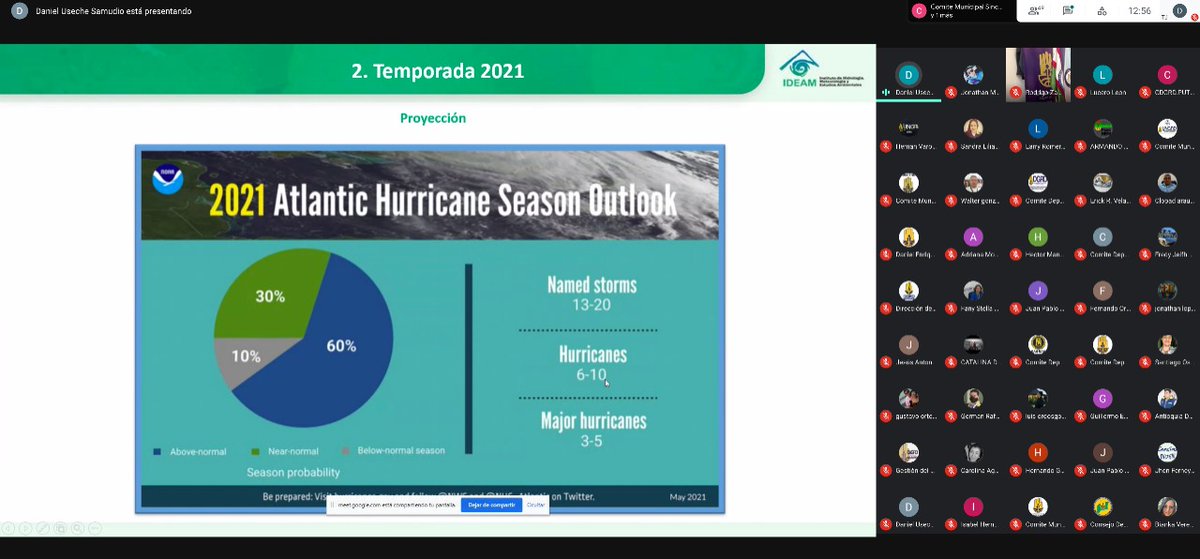 UNGRD's tweet photo. Daniel Useche, Jefe de Pronósticos y Alertas de @IDEAMColombia,  presenta a Coordinadores de Gestión del Riesgo del país, el Protocolo Nal. de Alerta por #CiclonesTropicales y pronóstico para la #TemporadaDeHuracanes 2021, en la que se espera la formación de sistemas ciclónicos. https://t.co/72a3DKidEG