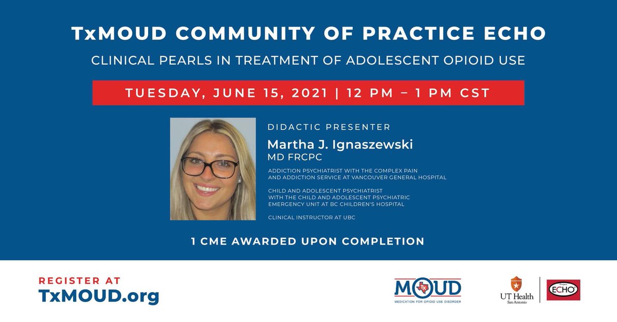 BeWellTexas's tweet photo. Join us for our monthly Texas Medication for Opioid Use Disorder (TxMOUD) Community of Practice ECHO session! Register today https://t.co/fei6wYXVY0 #TxMOUD #Echo #UTHealthSA https://t.co/9Dxw9xNzrE