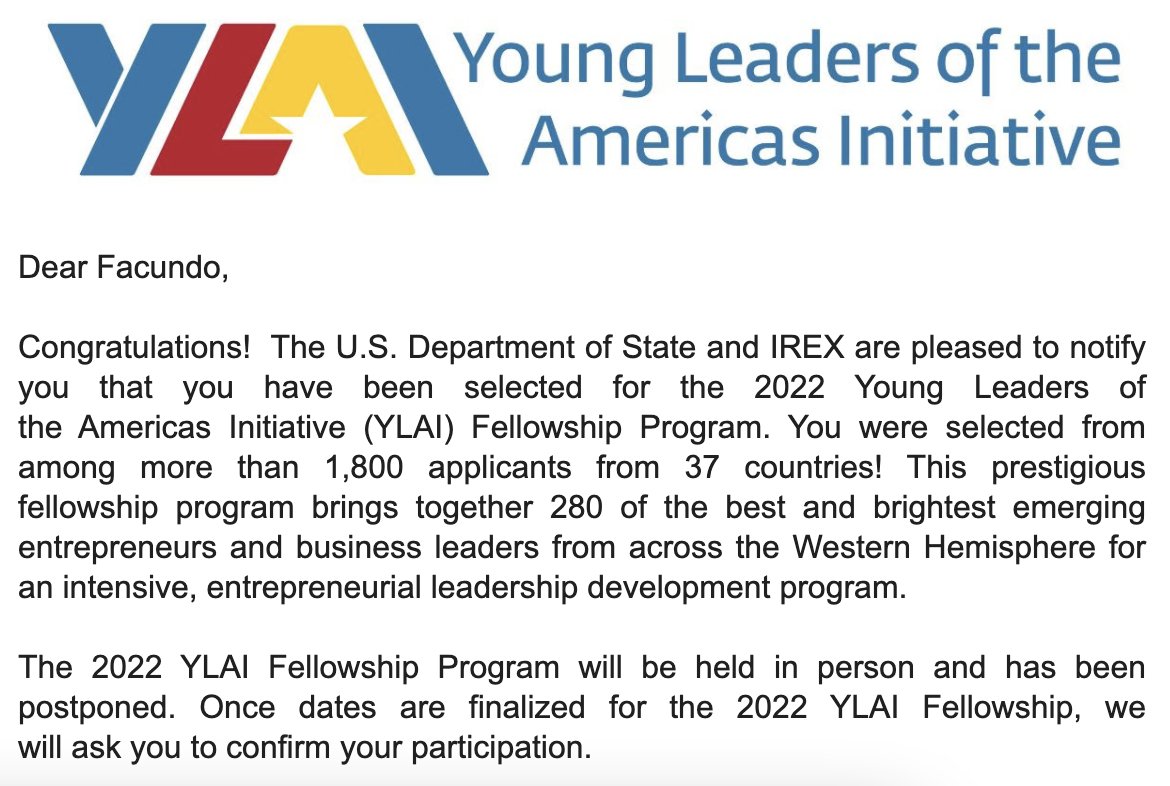 ¡Qué linda noticia! Nuestro Fundador <a href="/facundocajen/">Facundo Cajén</a> fue seleccionado para participar de la siguiente edición del Young Leaders of the Americas Initiative (#YLAI) Fellowship Program 2022 <a href="/YLAINetwork/">YLAINetwork</a>
 
¡Ahora a seguir trabajando duro para cambiar el mundo de a 1 firma a la vez! ✍️