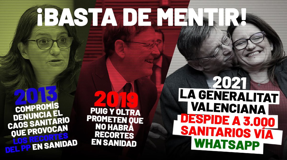 CsCValenciana's tweet photo. ‼️ ¡Basta de mentiras!

✂️ Compromís se quejaba, con razón, de los recortes del PP en Sanidad.

🏥 Luego, con Puig, prometieron que el Botànic nunca los haría.

📴 Ayer, la Conselleria de Sanidad notificó el despido de 3.000 sanitarios... ¡vía Whatsapp! 

😡 ¡Lamentable! https://t.co/f35WUOhPyu