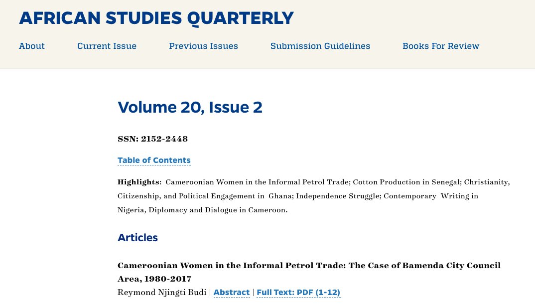 We are pleased to announce the release of a new ASQ issue, featuring new perspectives on West Africa. Highlights include: Cameroonian Women in the Informal Petrol Trade; Cotton Production in Senegal; Christianity, and Politics in Ghana, and many more... asq.africa.ufl.edu/current-issue/