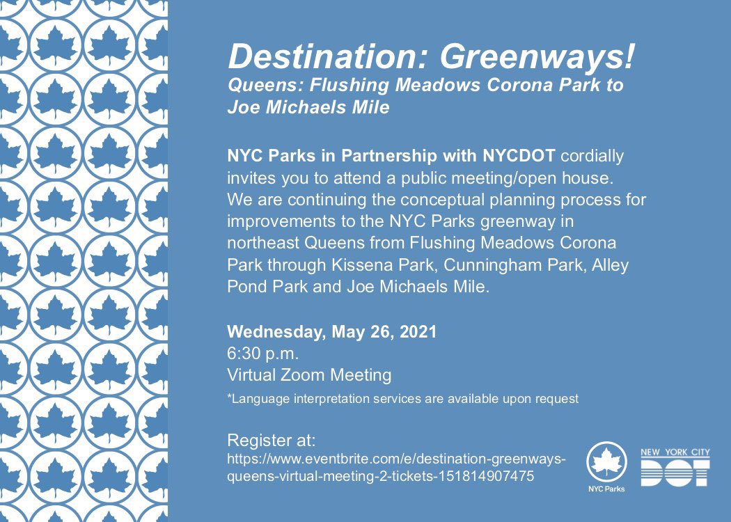 Join @NYCParks and @NYC_DOT tonight at 6:30PM for round two of Destination: Greenways! and hear updates on the planning process for improvements from Flushing Meadows Corona Park to Joe Michaels Mile. 

Register here: eventbrite.com/e/destination-…