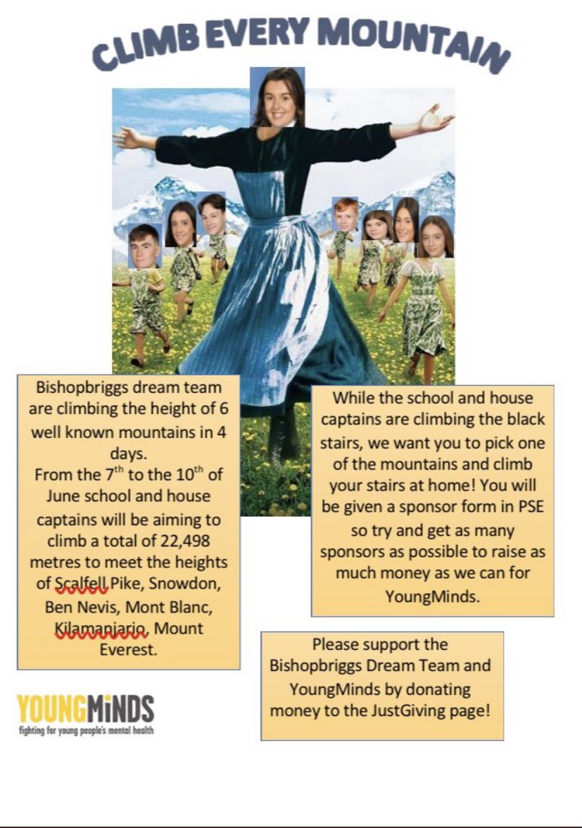 BurnshouseBa's tweet photo. To raise money for the school charity YoungMinds, the School &amp; House Captains will be aiming to climb 6 of the highest mountains. From the 7th-10th June we will be climbing a total of 22,498m by climbing the black stairs. Please donate here https://t.co/xWw0iJtVwZ https://t.co/frpcebDGDG